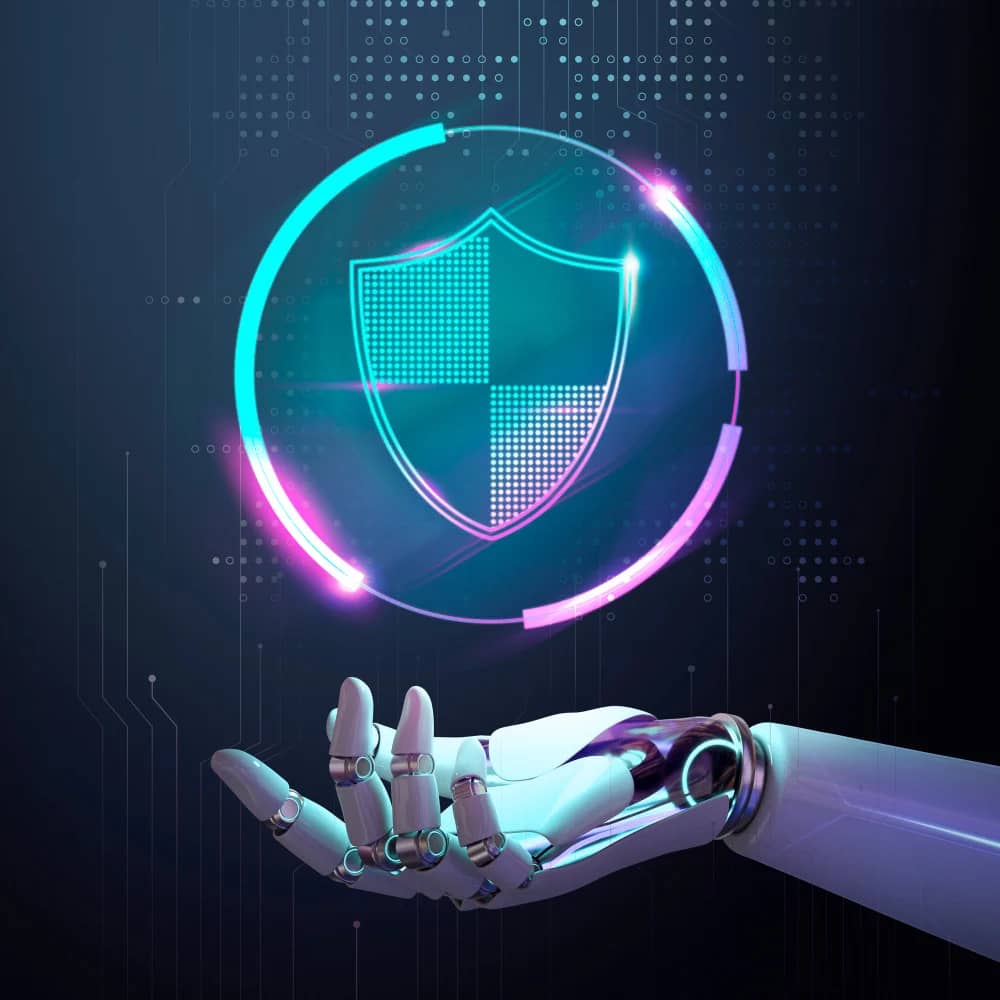 robotic hand with a cybersecurity logo
