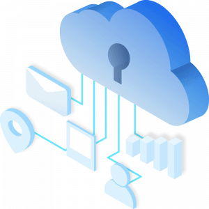 cloud shaped lock connected to email, bar graph, etc logos