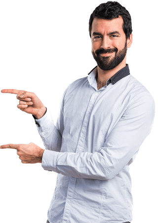 man with both hands pointing to his right