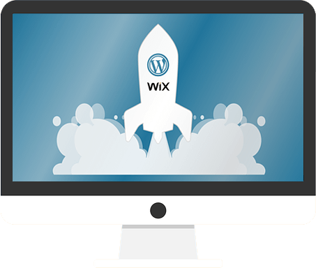 wordpress and wix logo inside a rocket pointing upwards lifting off