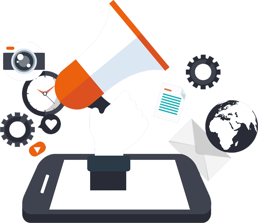 Phone showing icons like camera, gears, clock, megaphone, email, globe