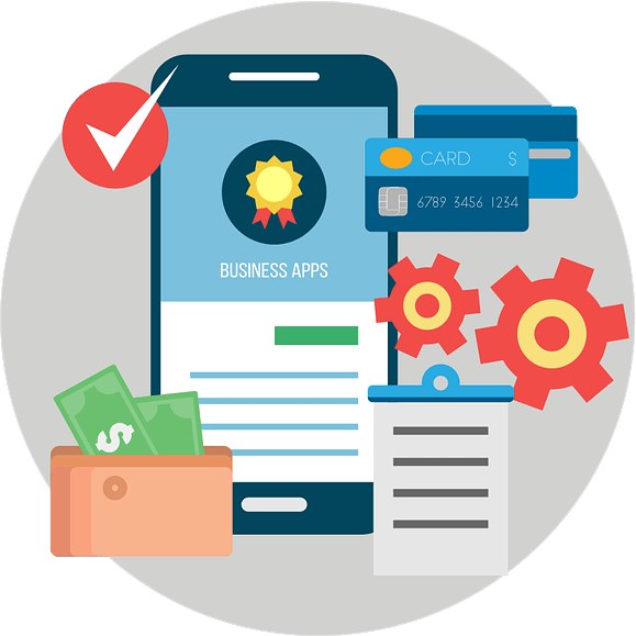 Phone showing business apps, gears, atm card, wallet with money Phone showing business apps, gears, atm card, wallet with money
