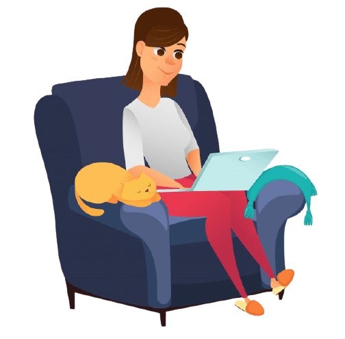 woman sitting working on her laptop with a tabby cat woman sitting working on her laptop with a tabby cat